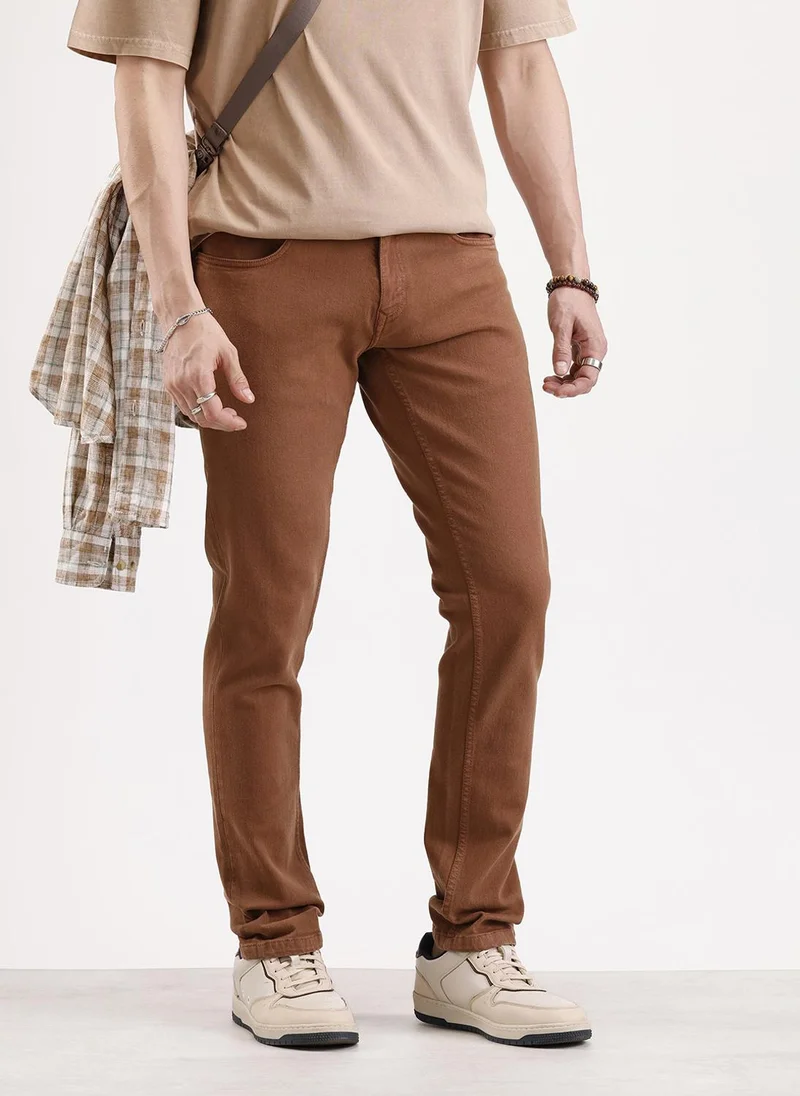 Solid Slim Fit Denim Jeans   |  Brown
